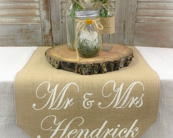 Burlap Table Runner 15" wide with monogram on 1 end sweetheart table Sweetheart runner Wedding runner Wedding gift