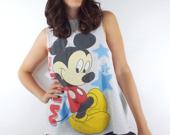 Vintage 90s Grey Mickey Mouse Cropped Muscle Tee