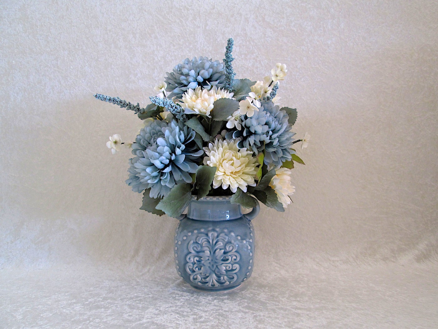 Silk Flower Arrangement in a Blue Gray Ceramic Vase Silk