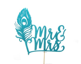 Glitter MR & MRS Peacock Feather Cake Topper - Wedding Cake Topper, Peacock Cake Topper, Peacock Wedding, Peacock Cake, Peacock Party