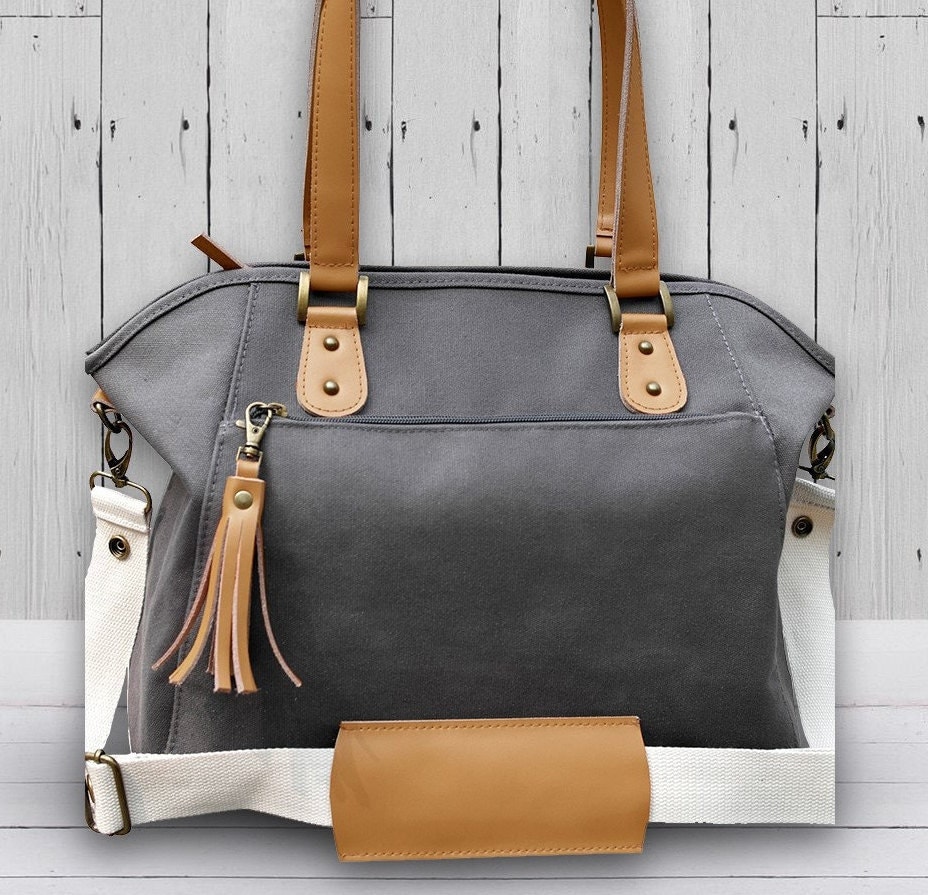 Diaper Bag Grey Canvas Tote Beige Leather Diaper Bag by CreolBags