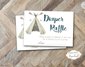 INSTANT DOWNLOAD - Teepee Tribal Diaper Raffle Tickets - Pow Wow Arrow Feather Tribal Diaper Raffle - Boho Diaper Raffle - Boy Tribal - 0441