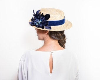 Buchanan - Navy blue floral straw boater hat, Dark blue canotier hat with flowers, floral summer hat, women straw hat, wedding guest hat