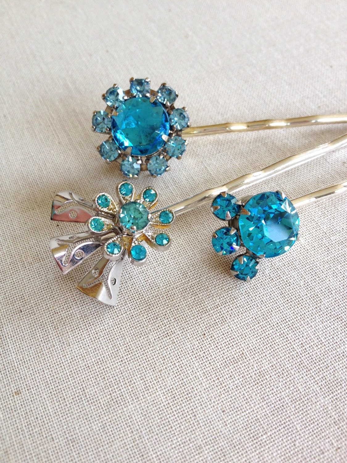 Vintage teal rhinestone hair pins hair accessory wedding