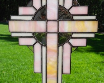 Stained Glass Cross Suncatcher, Pink/Yellow, #120