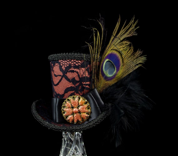 Black Lace over Copper Peacock Large Mini Top Hat Fascinator, Alice in Wonderland, Mad Hatter Tea Party, Derby Hat by TheWeeHatter steampunk buy now online