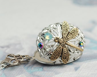 Pacific Opal Necklace, Essential Oil Diffuser Necklace, Aromatherapy Necklace, Dragonfly Necklace, Silver Locket, Scarabaeus, Jewelry