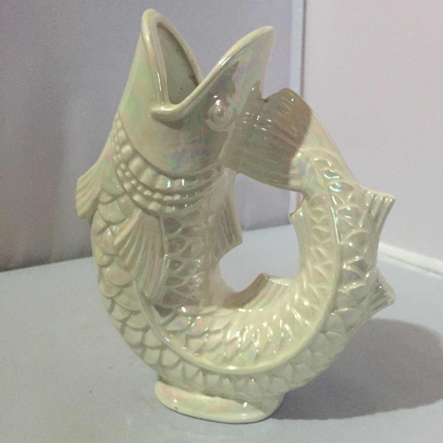 Vintage Ceramic Koi Fish Pearlized Vase Oriental Eastern