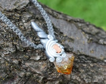 Apollo Necklace, CITRINE Pendant, SUNSTONE Necklace, Macrame, Orange, Sacral Chakra, Solar Plexus Chakra, Wizard Hat, Pixie Necklace