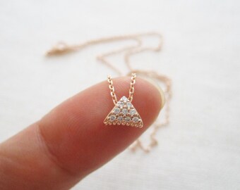 Tiny Rose gold triangle necklace with cubic zirconia. .dainty necklace, simple, birthday, wedding, bridesmaid gift