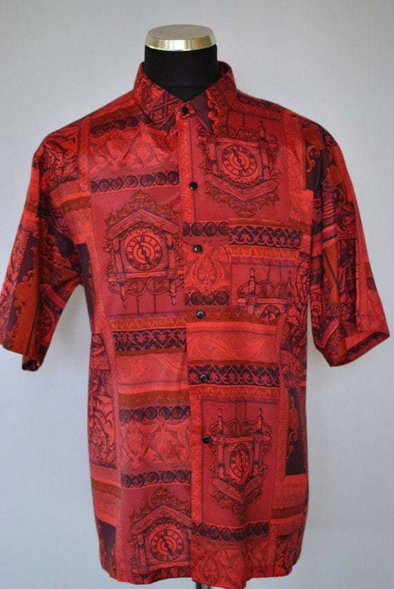 Vintage PRINTED THAI SILK men's shirt short slleave silk