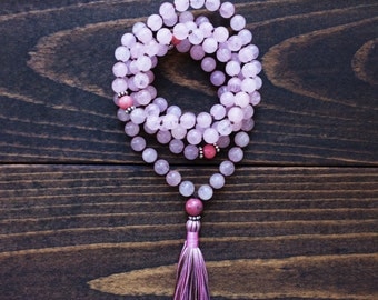 Rose Quartz Mala Beads 108, Knotted Mala Necklace, Yoga Jewelry, Japa Mala Spiritual Jewelry, Sterling Silver, Love, Emotional Healing,