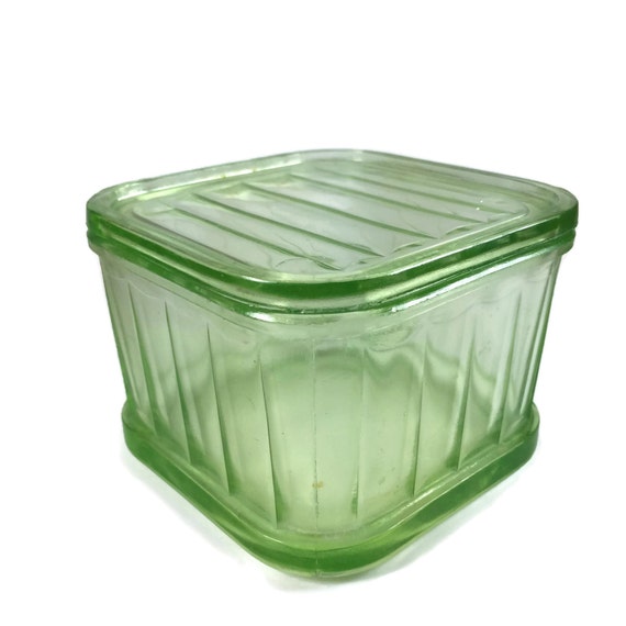 Green Depression Glass Square Refrigerator Container Dish With