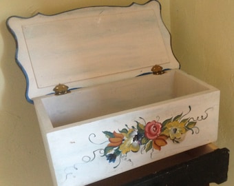 Vintage Wooden Hand Painted Box Floral Jewelry Box Folk art with Drawer-Great for Storage