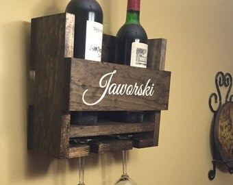 Personalized Wine Rack Engraved Carved Custom Rustic 3 Bottle Wall Mount Wine Rack with 2 Glass Slot Holder, Wall Decor