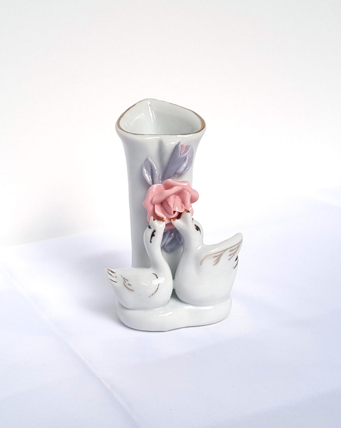 Porcelain Swan Bud Vase Kissing Swans Vase Vanity Vase