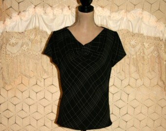 Womens Tops 80s 90s Vintage Clothing Black Plaid Drape Neck Blouse Hipster Short Sleeve 1980s 1990s Medium Large Womens Clothing