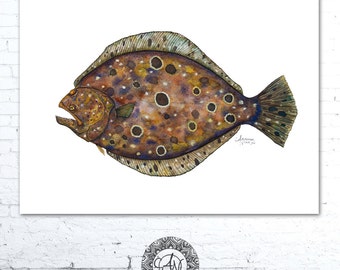 Watercolor Fish, Flounder Print, Fish Print, Fish Art Print, Fish Wall Art, Sea Life Art, Coastal Art, Nautical Art, Summer Flounder