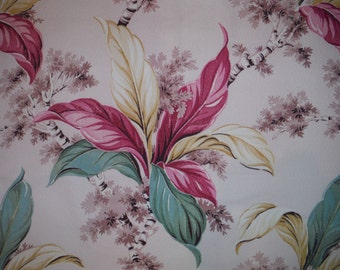 Vintage 1950's Tropical Barkcloth Drapery Panel - 1950's Tropics Floral Barkcloth Fabric - '50's Pink Green Beige Barkcloth Fabrics Drapes