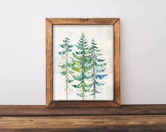 Watercolor Evergreen Trees Printable Art Print 8x10 Forest Printable, Mountain Landscape Wall Art, Digital Download, Cabin Home Decor EVGR