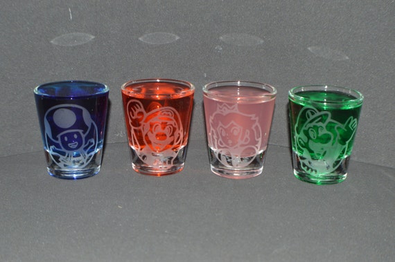 Mario, Luigi, Peach, Toad etched shot glass set of 4 fan art