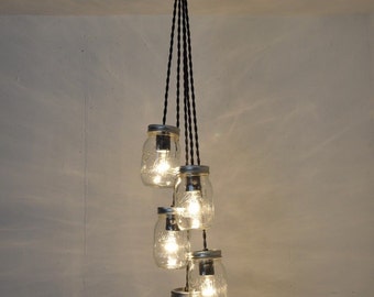 5 Mason Jar Chandelier Light Fixture Beautiful Color Orange Retro