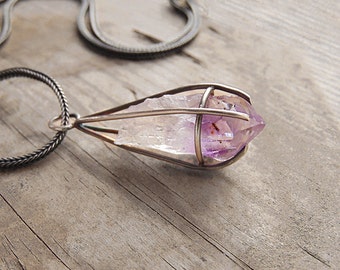 Raw amethyst sterling silver wire prong pendant with chain