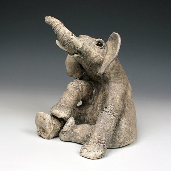 Ceramic sitting elephant original art fired clay animal