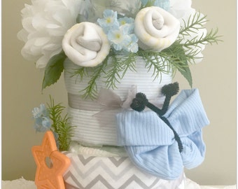 Baby Blue and Grey 2 layer Baby Shower Decoration Diaper Cake