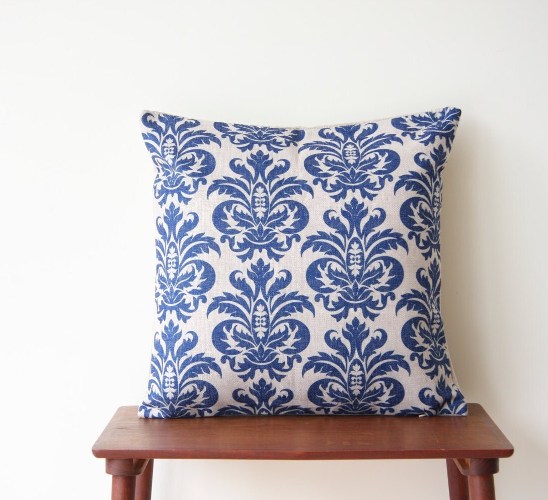 18x18 Blue Damask Decorative Pillow Cover Cushion by BeadandReel