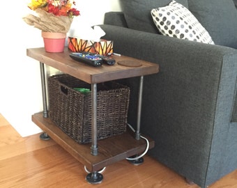 Rustic industrial pipe and wood side table || rustic wood end table || reclaimed wood table || rustic night stand|| steel and wood end table