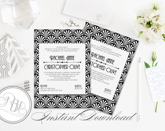 Art Deco Wedding Invitation-INSTANT DOWNLOAD Template- 5x7 PDF Editable Text Only-Black White Art Deco Printable - "Sienna"