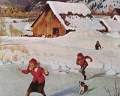 1950 "Winter on the Farm" - John Clymer Art - Kids Playing In the Snow With Dog - Icy Snow Pond - 1950s Saturday Evening Post Cover -