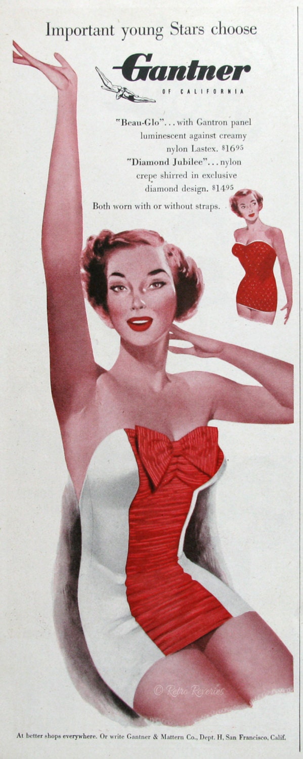 1951 Gantner of California Swimwear 1950s Strapless Bathing