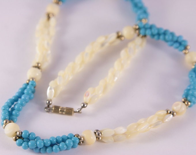 Turquoise Pearl Necklace River Pearls Necklace Blue White Short Vintage Beads Necklace