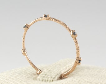 Blue Diamond Stacking Ring, 14K Diamond Thin Eternity Wedding Band, 14K Minimalist Simple Thin Ring