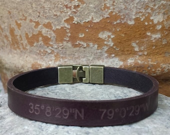 FREE SHIPPING-Engraved Men Bracelet,Personalize Leather Bracelet,Men Leather Bangle,Custom Men Leather Bracelet,GPS Leather Men Cuff