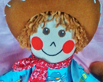 COWBOY JOEY handmade 20" rag doll, boy doll, brown hair, cowboy doll, pony stick, toddler buddy, child friendly, birthday gift, decoration