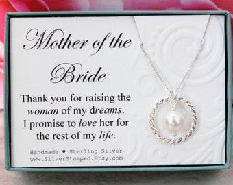 Gift for Mother of the Bride gift from groom Sterling silver pearl necklace Thank you for raising the woman of my dreams, wedding party gift