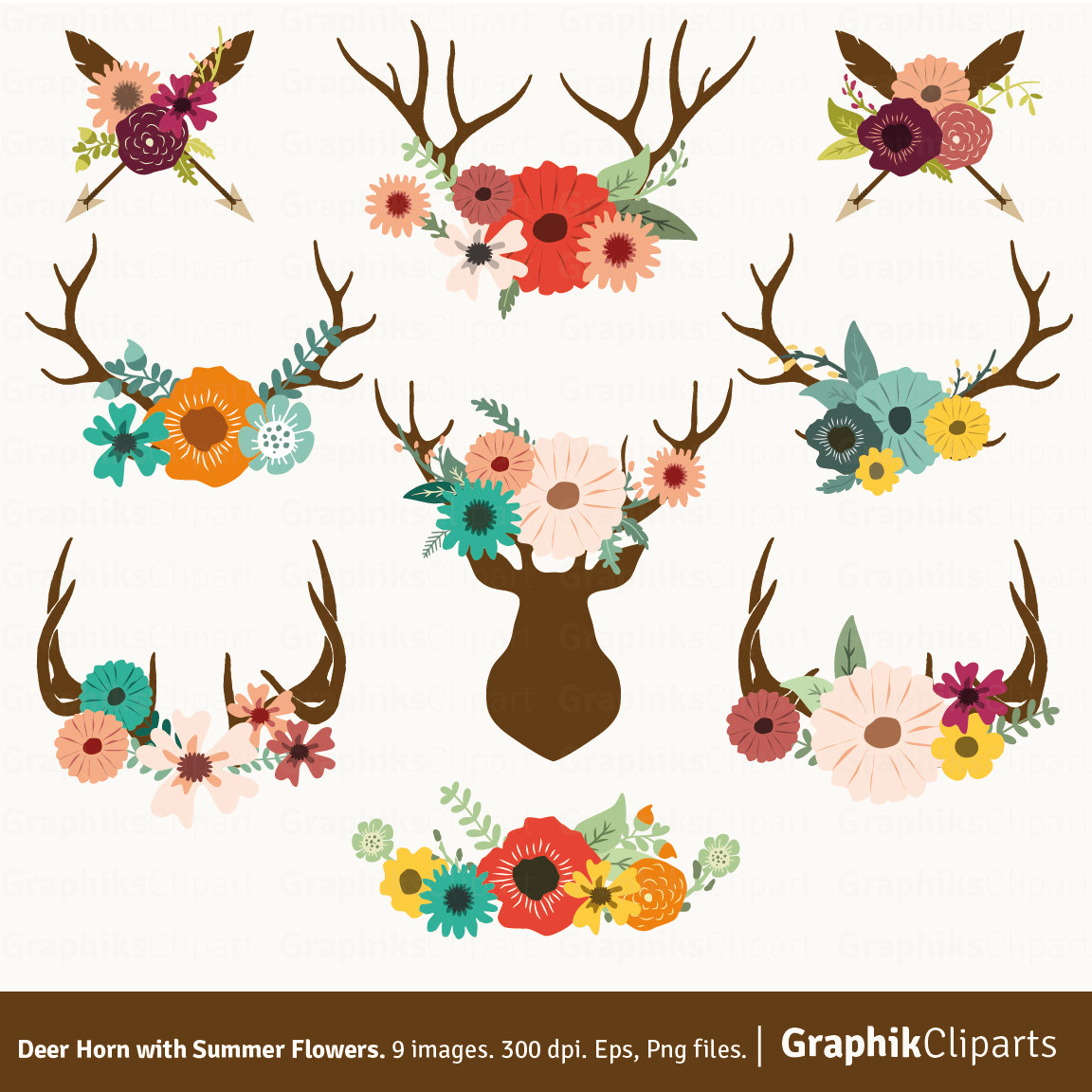 Deer Horn with Summer Flowers. Floral Antlers Clip Art. Rustic