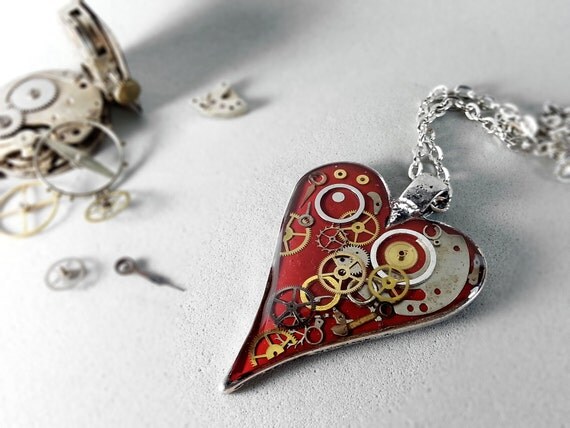 Deep red steampunk heart pendant, gears and cogs necklace, romantic steampunk jewelry, red heart necklace, gift for girlfriend by ByEmilyRay steampunk buy now online Deep red steampunk heart pendant, gears and cogs necklace, romantic steampunk jewelry, red heart necklace, gift for girlfriend by ByEmilyRay steampunk buy now online
