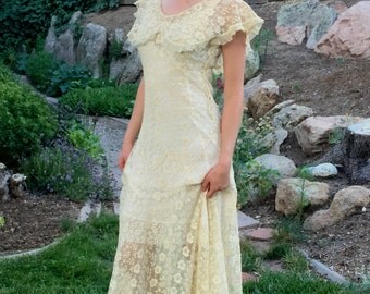 Ivory Art Deco Dress, 20s Lace Dress, Antique Wedding Dress, S/M, Elegant Full Lace Dress w Large Lace Collar, Authentic 1920s Dress