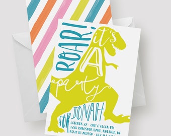 Dinosaur Birthday Invitation | Dinosaur Party, Roar, Bright Colors, Dinosaurs, Tyrannosaurus, T-rex, Typography