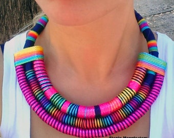 Multi Strand African necklace / fabric Statement necklace , African jewelry, fabric jewelry , Massai