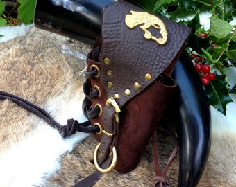 REFERENCE ONLY - Viking Drinking Horn With Leather Holster, Replica Viking Rus Buckle & Huginn - Medieval/Larp/Fjörukráin/Ragnorak