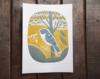 Original Linocut print "Field Bird" in 2 colours, unframed wall poster, Limited edition, handmade by Alexandra Dvornikova