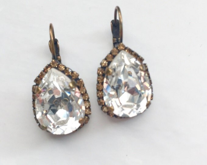 A timeless treasure luxury fashion jewelry- sparkly Swarovski crystal earrings in antique brass. Vintage inspired, antique allure, bridal
