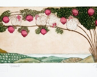 etching, pomegranate tree, fruit tree, hens, chickens, printmaking, tree, nature, hills, landscape, home interior