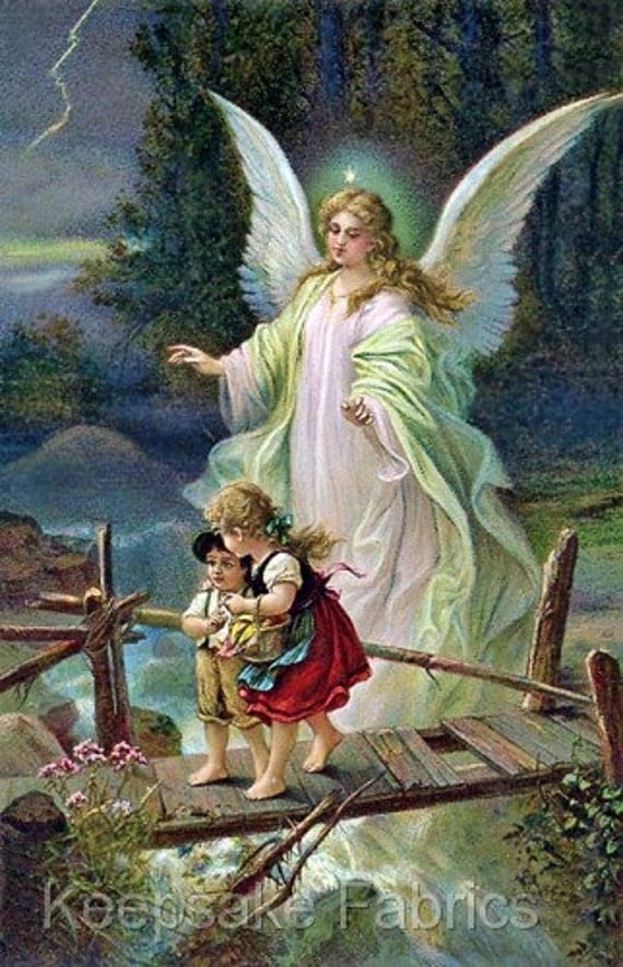 Angel Protects Children On Bridge Reproduction Fabric Crazy