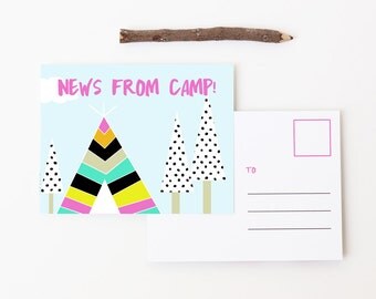 Camp Postcards Girls Summer Camp Stationary Notes from Camp Letters From Camp Note Cards Children Stationery for Kids Girl Teepee Tent